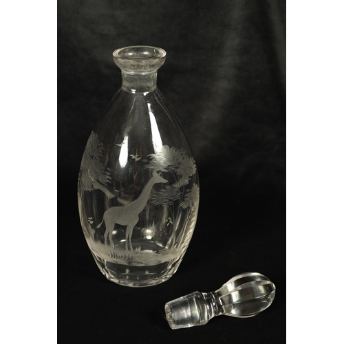 12 - A ROWLAND WARD SPIRIT DECANTER AND FACETTED STOPPER the ovoid body engraved with a giraffe in a tree... 