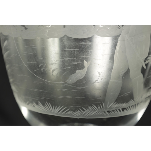 13 - A MID 19TH CENTURY GLASS GOBLET the inverted bell-shaped bowl with frosted cut engraved scene of an ... 