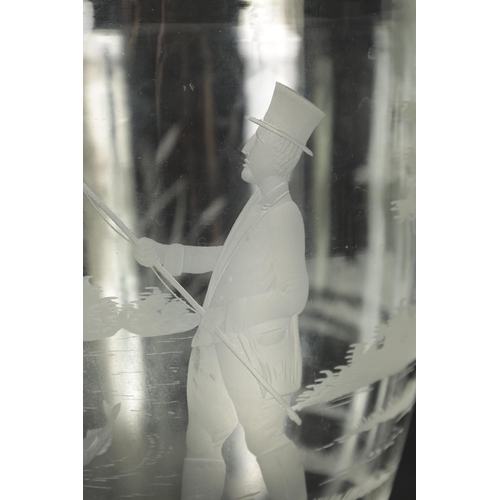 13 - A MID 19TH CENTURY GLASS GOBLET the inverted bell-shaped bowl with frosted cut engraved scene of an ... 