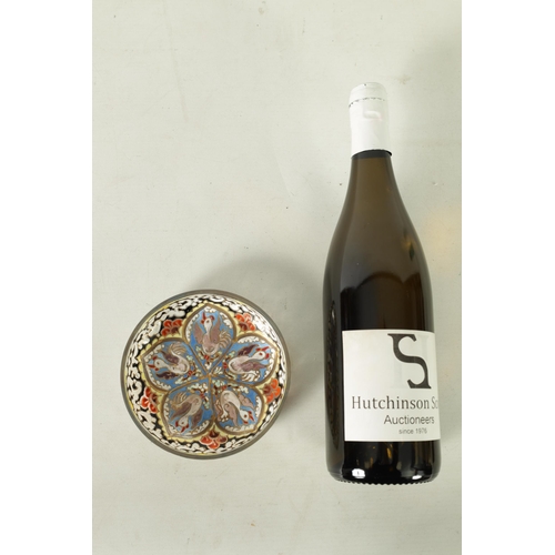 15 - A LATE 19TH CENTURY CONTINENTAL ENAMELLED SHALLOW GLASS DISH colourfully decorated with aquatic bird... 