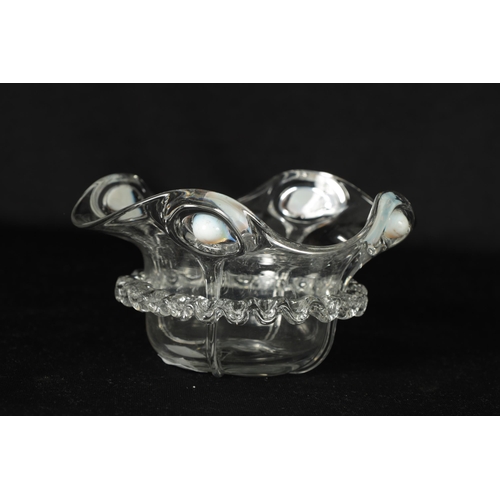 22 - AN ART NOUVEAU CLEAR GLASS SHAPED BOWL WITH OPALESCENT JEWELS with crimped decoration. (13.5cm diame... 