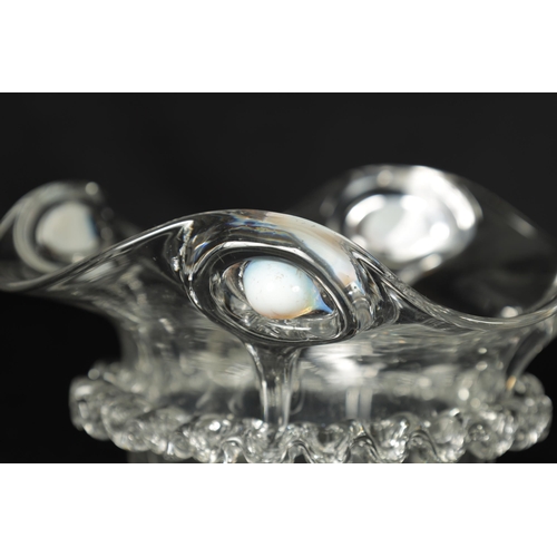 22 - AN ART NOUVEAU CLEAR GLASS SHAPED BOWL WITH OPALESCENT JEWELS with crimped decoration. (13.5cm diame... 