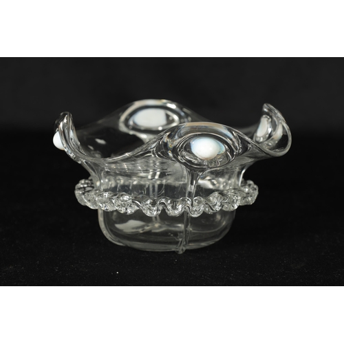 22 - AN ART NOUVEAU CLEAR GLASS SHAPED BOWL WITH OPALESCENT JEWELS with crimped decoration. (13.5cm diame... 