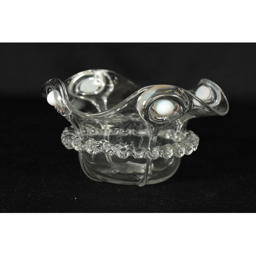 22 - AN ART NOUVEAU CLEAR GLASS SHAPED BOWL WITH OPALESCENT JEWELS with crimped decoration. (13.5cm diame... 
