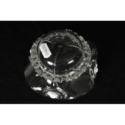 22 - AN ART NOUVEAU CLEAR GLASS SHAPED BOWL WITH OPALESCENT JEWELS with crimped decoration. (13.5cm diame... 