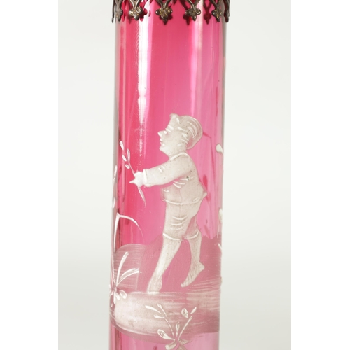 25 - TWO 19TH CENTURY MARY GREGORY STYLE CRANBERRY GLASS OVERLAY VASES both depicting a boy in garden set... 