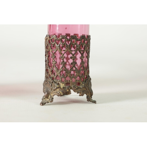 25 - TWO 19TH CENTURY MARY GREGORY STYLE CRANBERRY GLASS OVERLAY VASES both depicting a boy in garden set... 