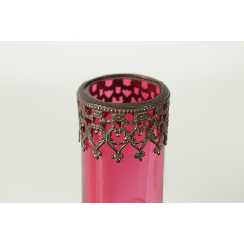 25 - TWO 19TH CENTURY MARY GREGORY STYLE CRANBERRY GLASS OVERLAY VASES both depicting a boy in garden set... 