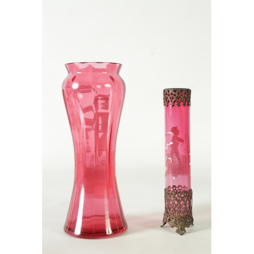 25 - TWO 19TH CENTURY MARY GREGORY STYLE CRANBERRY GLASS OVERLAY VASES both depicting a boy in garden set... 