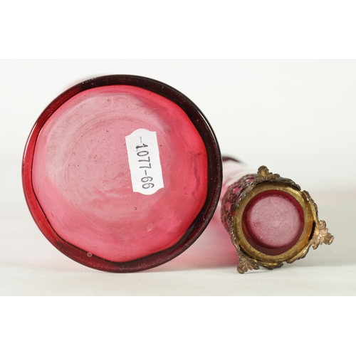 25 - TWO 19TH CENTURY MARY GREGORY STYLE CRANBERRY GLASS OVERLAY VASES both depicting a boy in garden set... 