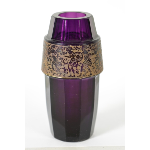 28 - AN EARLY 20TH-CENTURY PURPLE GLASS VIENNA SECESSIONIST VASE IN THE MOSER STYLE of facetted shaped fo... 