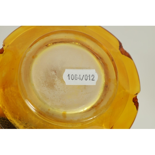 3 - A FINE PAIR OF 19TH CENTURY BOHEMIAN AMBER FLASHED GLASS DECANTERS decorated with Stags amongst wood... 