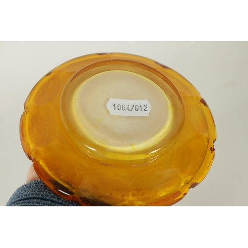 3 - A FINE PAIR OF 19TH CENTURY BOHEMIAN AMBER FLASHED GLASS DECANTERS decorated with Stags amongst wood... 