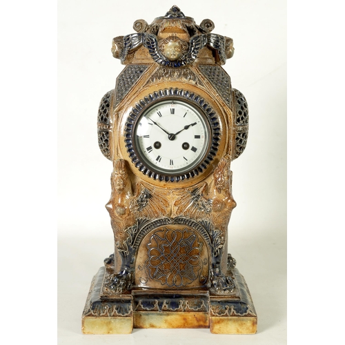 31 - A FINE 19TH CENTURY R W MARTIN. LONDON COLOURED AND SALT GLAZE STONEWARE MANTEL CLOCK No.59 inscribe... 