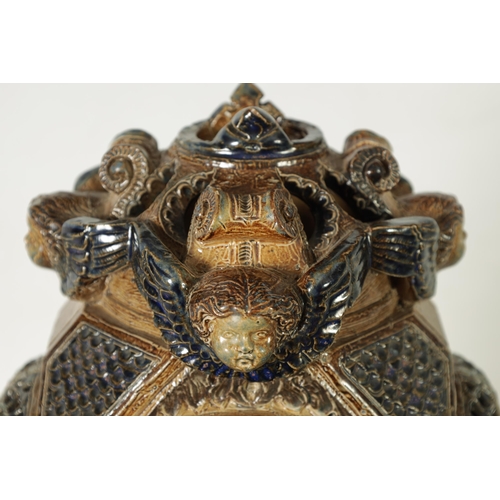 31 - A FINE 19TH CENTURY R W MARTIN. LONDON COLOURED AND SALT GLAZE STONEWARE MANTEL CLOCK No.59 inscribe... 