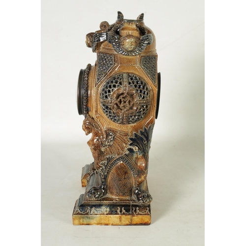31 - A FINE 19TH CENTURY R W MARTIN. LONDON COLOURED AND SALT GLAZE STONEWARE MANTEL CLOCK No.59 inscribe... 