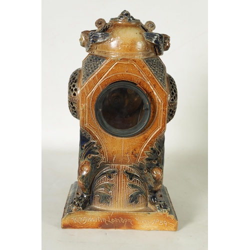 31 - A FINE 19TH CENTURY R W MARTIN. LONDON COLOURED AND SALT GLAZE STONEWARE MANTEL CLOCK No.59 inscribe... 