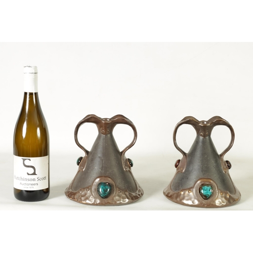 32 - A PAIR OF BRETBY ARTS AND CRAFTS SIMULATED COPPER WARE TWO HANDLED VASES with pinned raised lustrous... 