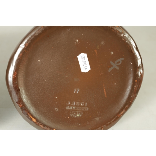 32 - A PAIR OF BRETBY ARTS AND CRAFTS SIMULATED COPPER WARE TWO HANDLED VASES with pinned raised lustrous... 