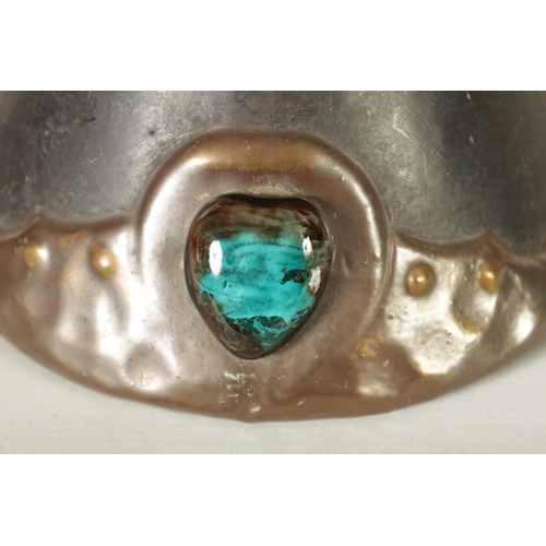 32 - A PAIR OF BRETBY ARTS AND CRAFTS SIMULATED COPPER WARE TWO HANDLED VASES with pinned raised lustrous... 