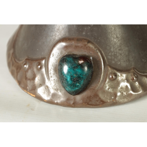 32 - A PAIR OF BRETBY ARTS AND CRAFTS SIMULATED COPPER WARE TWO HANDLED VASES with pinned raised lustrous... 