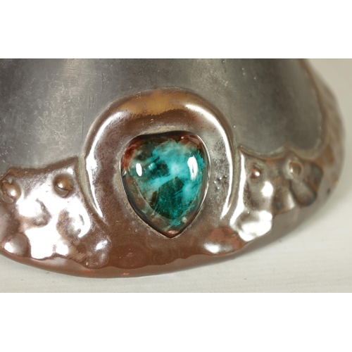 32 - A PAIR OF BRETBY ARTS AND CRAFTS SIMULATED COPPER WARE TWO HANDLED VASES with pinned raised lustrous... 