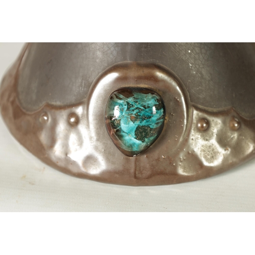 32 - A PAIR OF BRETBY ARTS AND CRAFTS SIMULATED COPPER WARE TWO HANDLED VASES with pinned raised lustrous... 