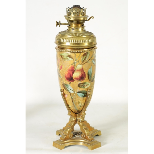 33 - A 19TH CENTURY CERAMIC AND CAST BRASS OIL LAMP with a detachable vessel and double burner, the conca... 