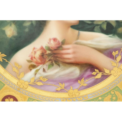 38 - A LATE 19TH CENTURY VIENNA PORCELAIN CABINET PLATE the richly jewelled gilded panelled green ground ... 