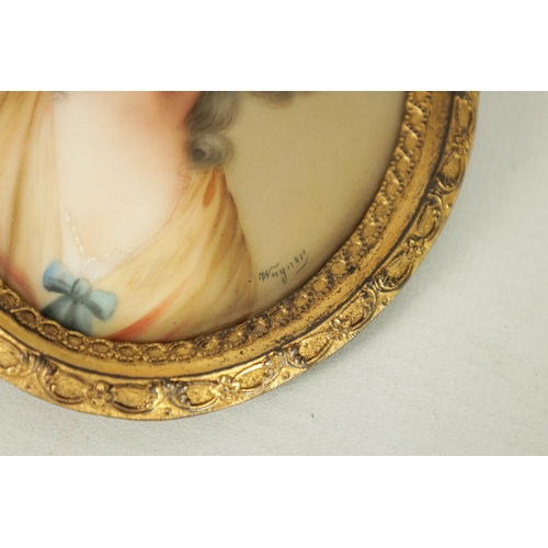 39 - A LATE 19TH CENTURY VIENNA PORCELAIN OVAL CONVEX MINIATURE PORTRAIT PLAQUE finely painted with a bus... 
