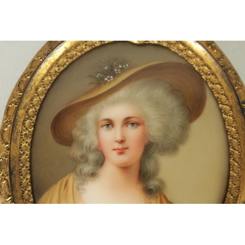 39 - A LATE 19TH CENTURY VIENNA PORCELAIN OVAL CONVEX MINIATURE PORTRAIT PLAQUE finely painted with a bus... 