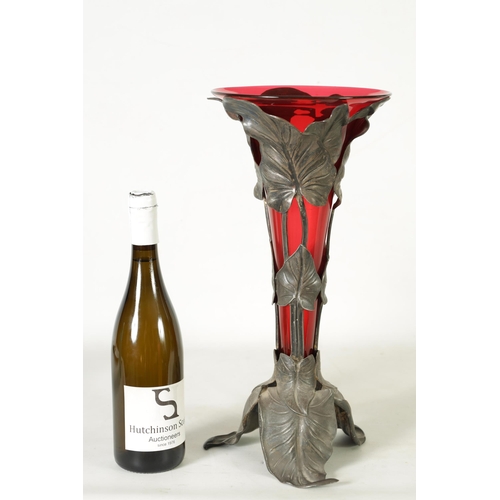 4 - A STYLISH ART NOUVEAU PEWTER AND CRANBERRY GLASS ORCHID VASE the lift-out trumpet-shaped glass body ... 