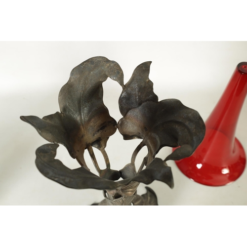 4 - A STYLISH ART NOUVEAU PEWTER AND CRANBERRY GLASS ORCHID VASE the lift-out trumpet-shaped glass body ... 