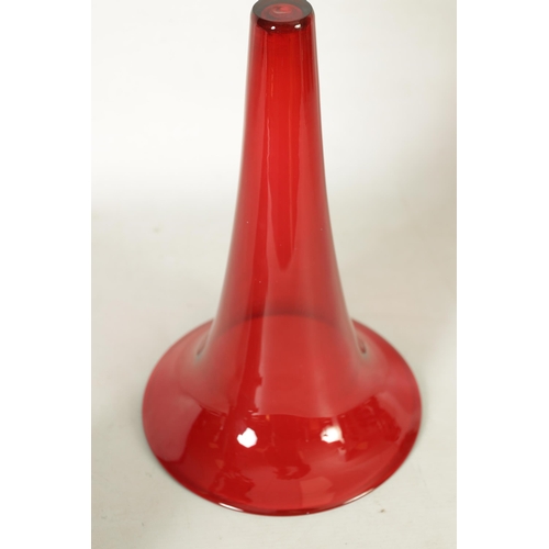4 - A STYLISH ART NOUVEAU PEWTER AND CRANBERRY GLASS ORCHID VASE the lift-out trumpet-shaped glass body ... 