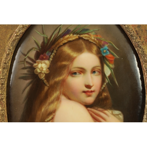 43 - A FINE MATCHED PAIR OF LATE 19TH CENTURY VIENNA OVAL CONVEX FRAMED PORCELAIN PLAQUES each depicting ... 