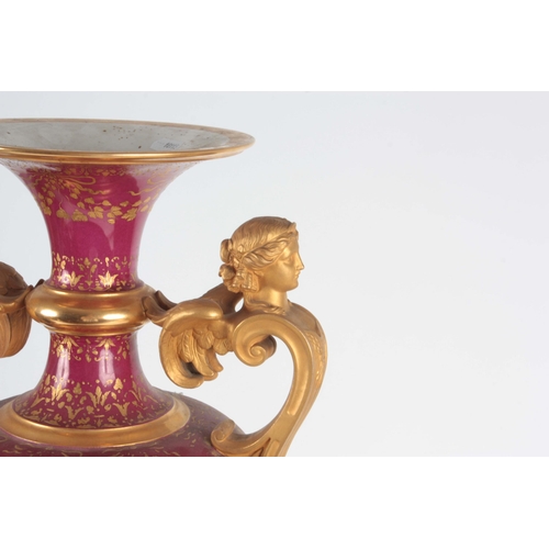 44 - AN IMPRESSIVE 19TH CENTURY VIENNA STYLE HALL VASE the pedestal ovoid body with gilt mask-head winged... 