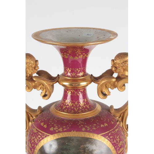 44 - AN IMPRESSIVE 19TH CENTURY VIENNA STYLE HALL VASE the pedestal ovoid body with gilt mask-head winged... 