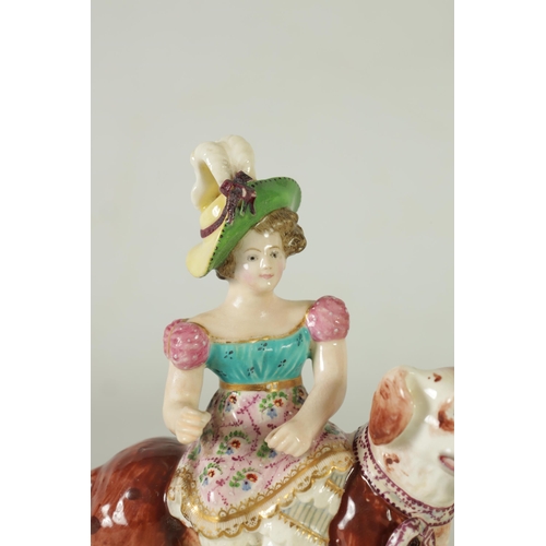 48 - A RARE PAIR OF EARLY 19TH CENTURY MINTON WAR AND PEACE FIGURINES finely modelled as children riding ... 