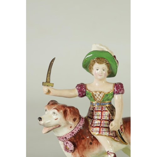 48 - A RARE PAIR OF EARLY 19TH CENTURY MINTON WAR AND PEACE FIGURINES finely modelled as children riding ... 