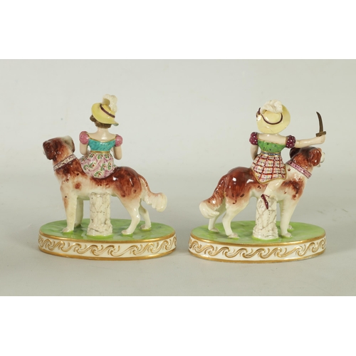 48 - A RARE PAIR OF EARLY 19TH CENTURY MINTON WAR AND PEACE FIGURINES finely modelled as children riding ... 