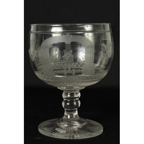5 - A LATE GEORGIAN MASONIC GLASS GOBLET frosted and cut engraved with various motifs and symbols above ... 