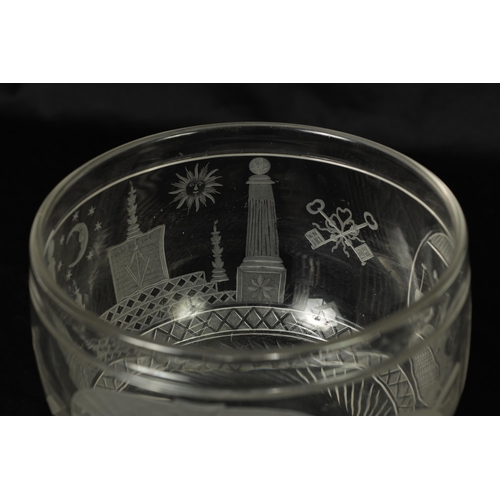 5 - A LATE GEORGIAN MASONIC GLASS GOBLET frosted and cut engraved with various motifs and symbols above ... 