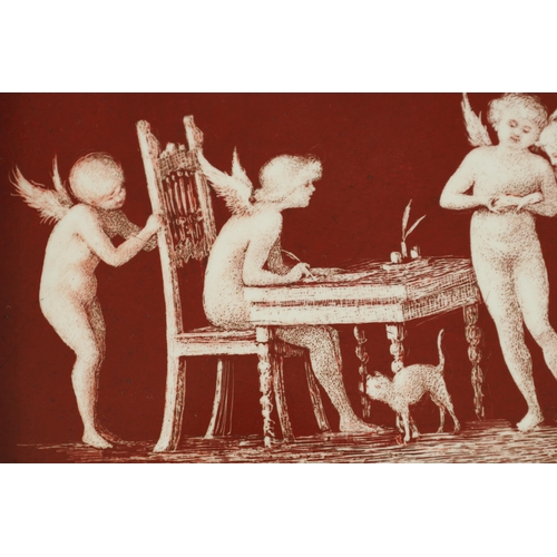 53 - A 19TH CENTURY WEDGEWOOD TYPE TERRACOTTA GROUND PORCELAIN PLAQUE with blanc de chine figural decorat... 