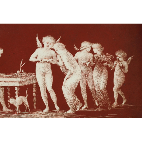 53 - A 19TH CENTURY WEDGEWOOD TYPE TERRACOTTA GROUND PORCELAIN PLAQUE with blanc de chine figural decorat... 