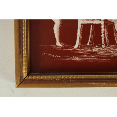 53 - A 19TH CENTURY WEDGEWOOD TYPE TERRACOTTA GROUND PORCELAIN PLAQUE with blanc de chine figural decorat... 