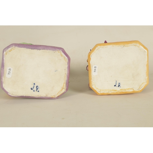 57 - A PAIR OF 19TH CENTURY FRENCH FIGURAL PORCELAIN PERFUME BOTTLES BY JACOB PETIT colourfully painted a... 