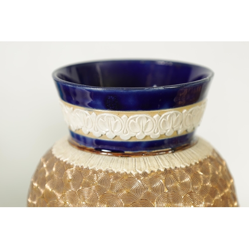 58 - A PAIR OF DOULTON LAMBETH STONEWARE TAPERED SHOULDERED VASES WITH FLARED NECKS decorated with raised... 