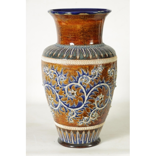 60 - AN IMPRESSIVE 19TH CENTURY DOULTON LAMBETH TAPERING SHOULDERED STONEWARE VASE BY GEORGE TINWORTH wit... 