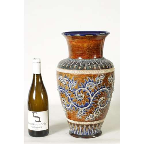 60 - AN IMPRESSIVE 19TH CENTURY DOULTON LAMBETH TAPERING SHOULDERED STONEWARE VASE BY GEORGE TINWORTH wit... 