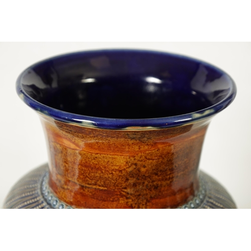 60 - AN IMPRESSIVE 19TH CENTURY DOULTON LAMBETH TAPERING SHOULDERED STONEWARE VASE BY GEORGE TINWORTH wit... 